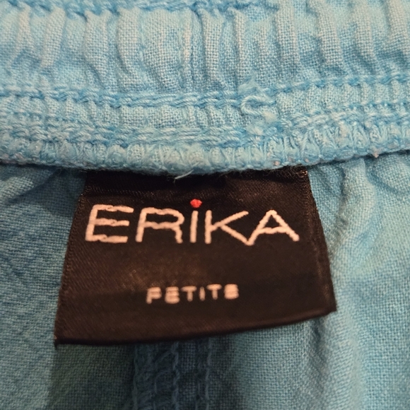 Erika Petite Bright Blue Teal Capri Pants Front Seam Drawstring Waist Women PL - Picture 6 of 13